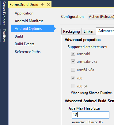 Screenshot of the Visual Studio Project Options