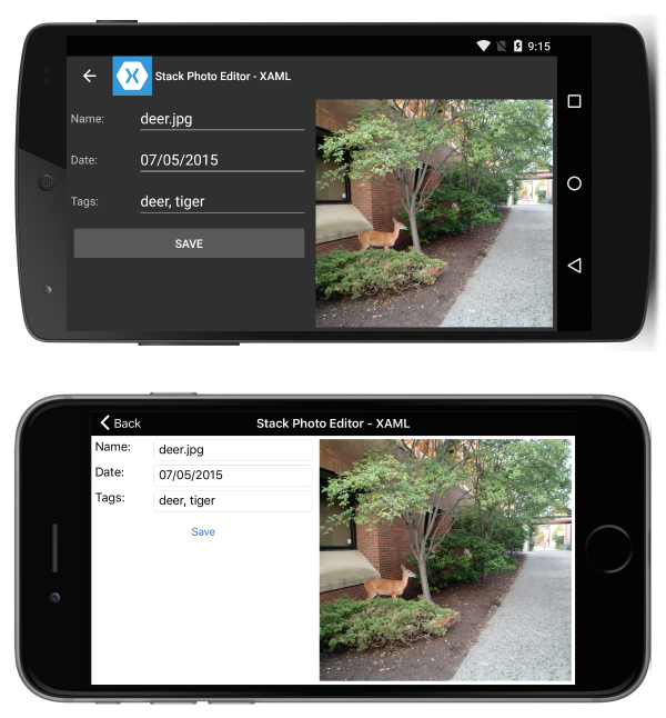 Screenshot shows Photo Application StackLayout in Landscape.