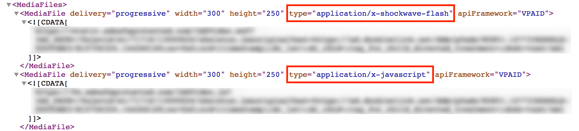 Screenshot that illustrates Sample XML with recommended VPAID formats: