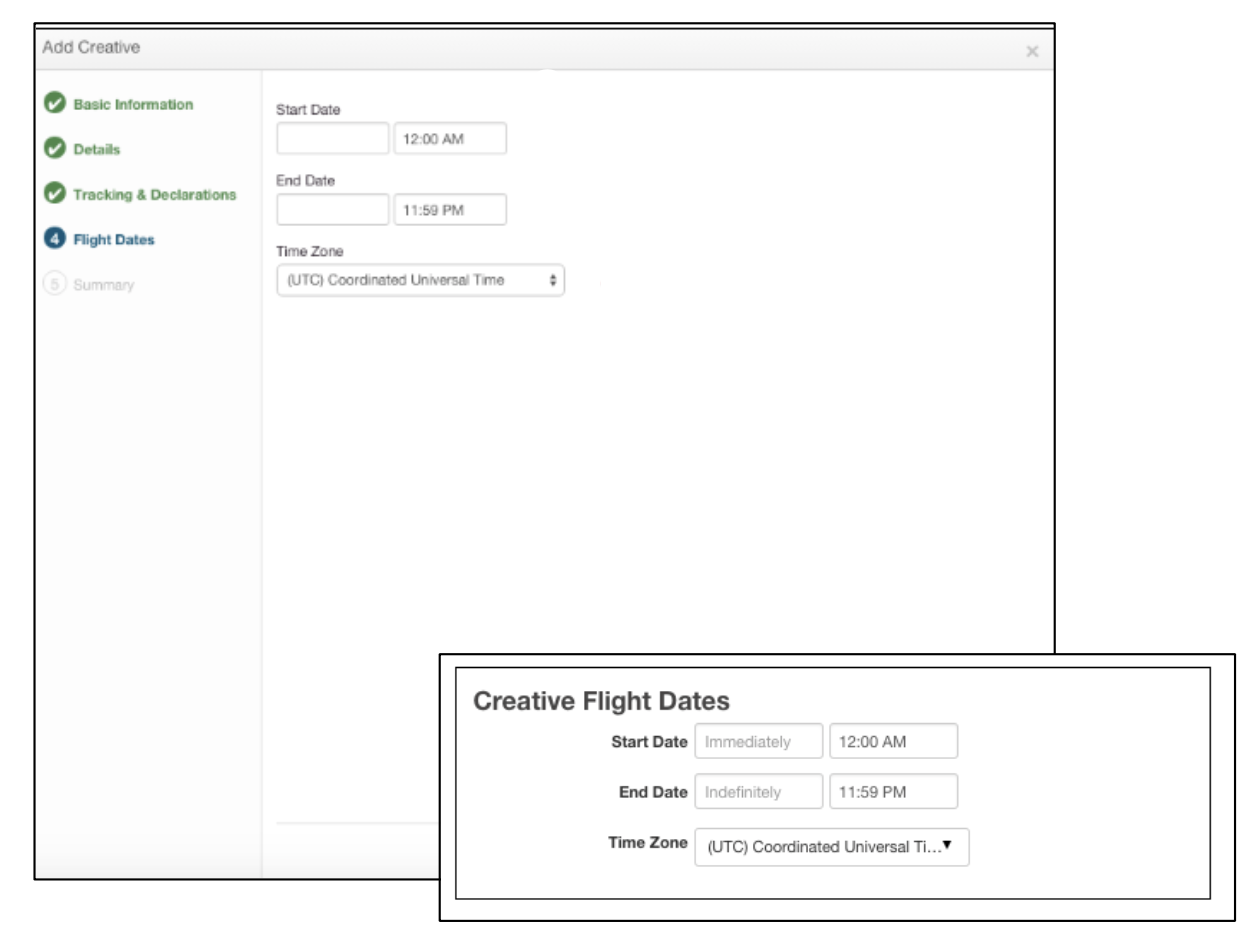 Screenshot of Flight Dates page entering start and end date of the creative flight along with the Time Zone.