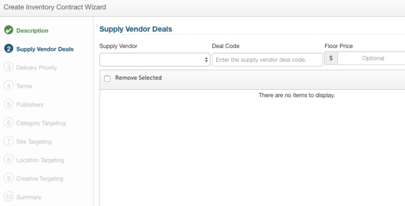 Screenshot of Supply Vendor Deals page to select Supply Vendor and enter Deal Code/ID.