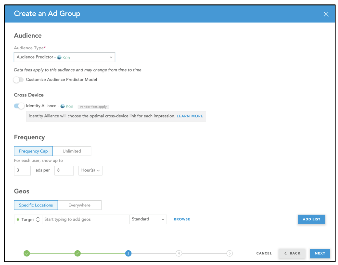 Screenshot of selecting your Audience Type, Frequency, and Geos for targeting.