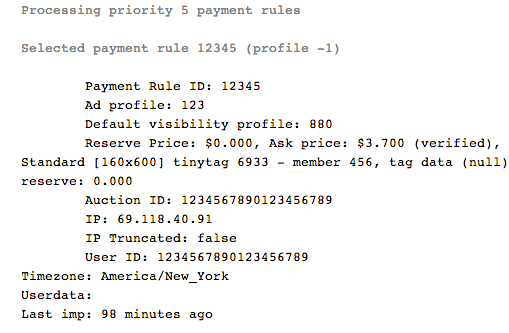 Screenshot of Debug Auction Payment Rules.