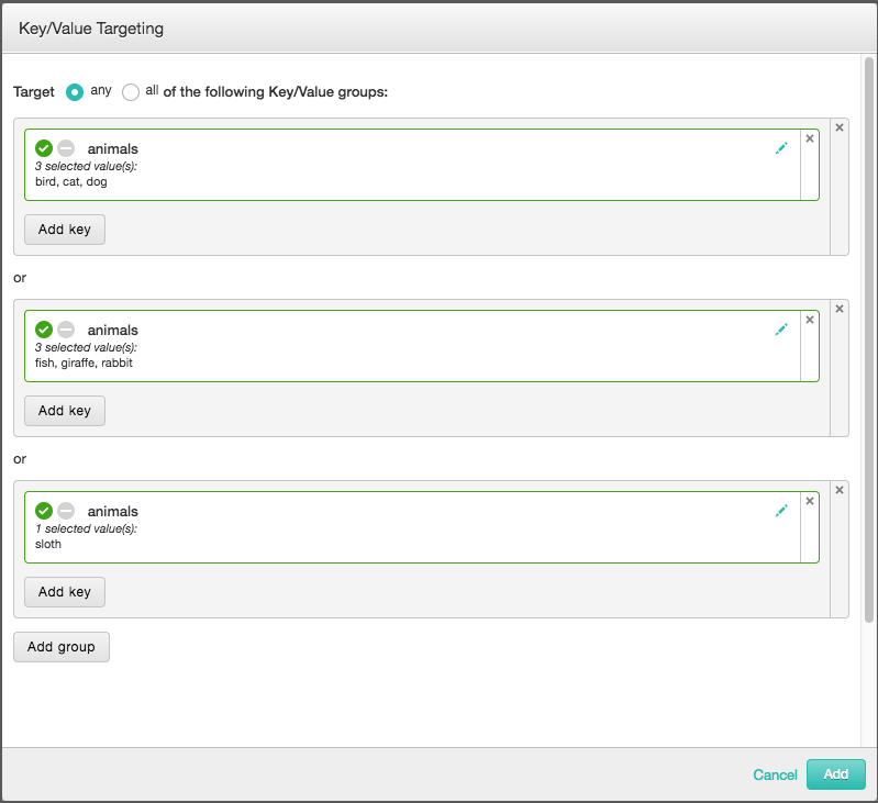 Screenshot of the key/value targeting dialog with examples of individual values to target.