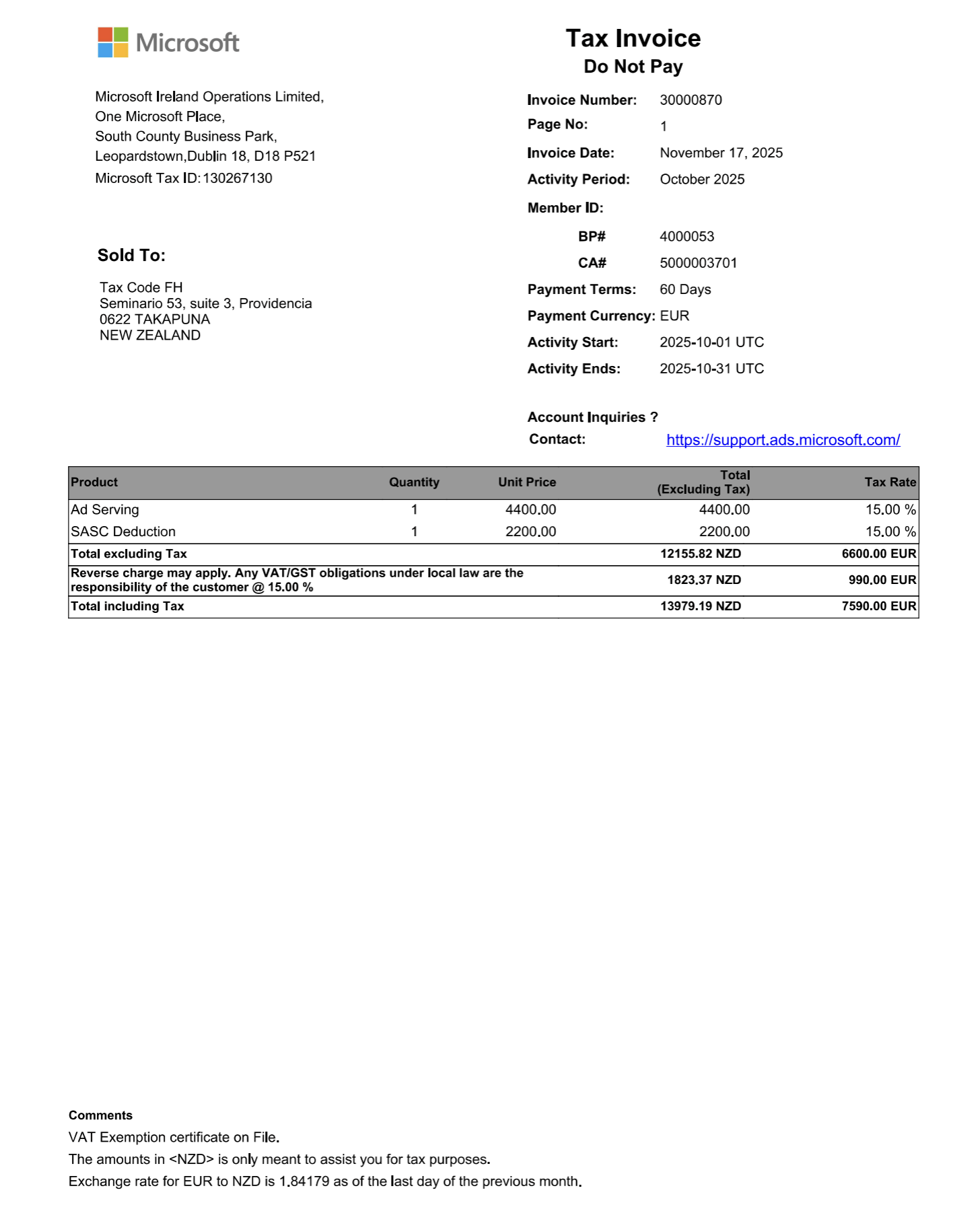 The screenshot shows a Do Not Pay Invoice in Microsoft Advertising.