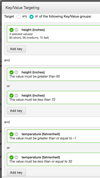 Screenshot of the key/value targeting dialog with examples of numeric targeting.