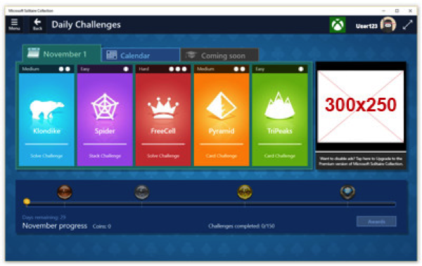 Screenshot of Sub-screens in Microsoft Solitaire Collection.