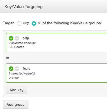 Screenshot of the key/value targeting dialog with the values of city and fruit from the right side group selected.
