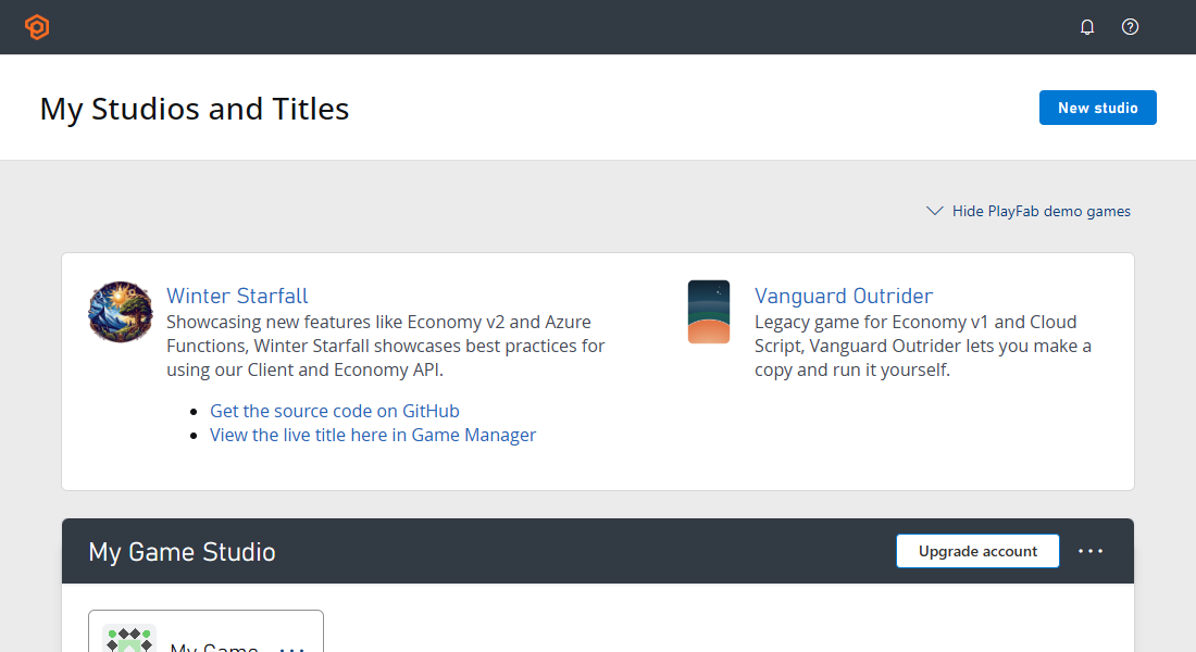 game manager homepage showing demo games