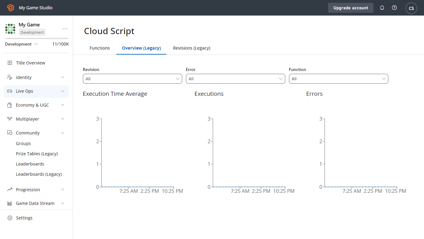 Game Manager - CloudScript Dashboard showing a graph of API errors