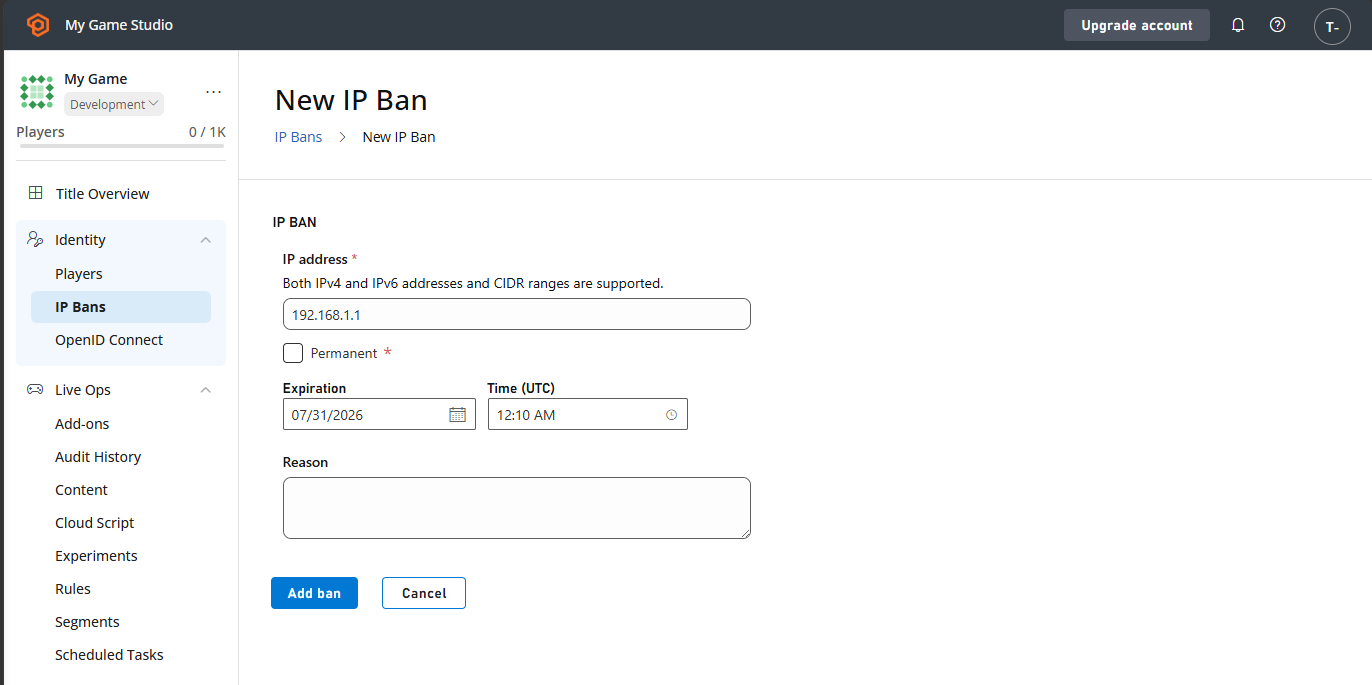 Game Manager - IP Bans - New IP Ban