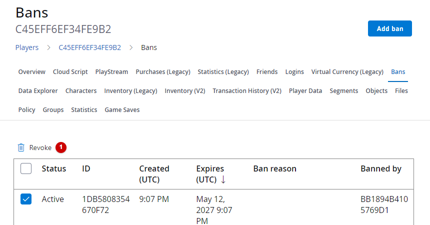 Game Manager - Players - Bans - Revoke Ban
