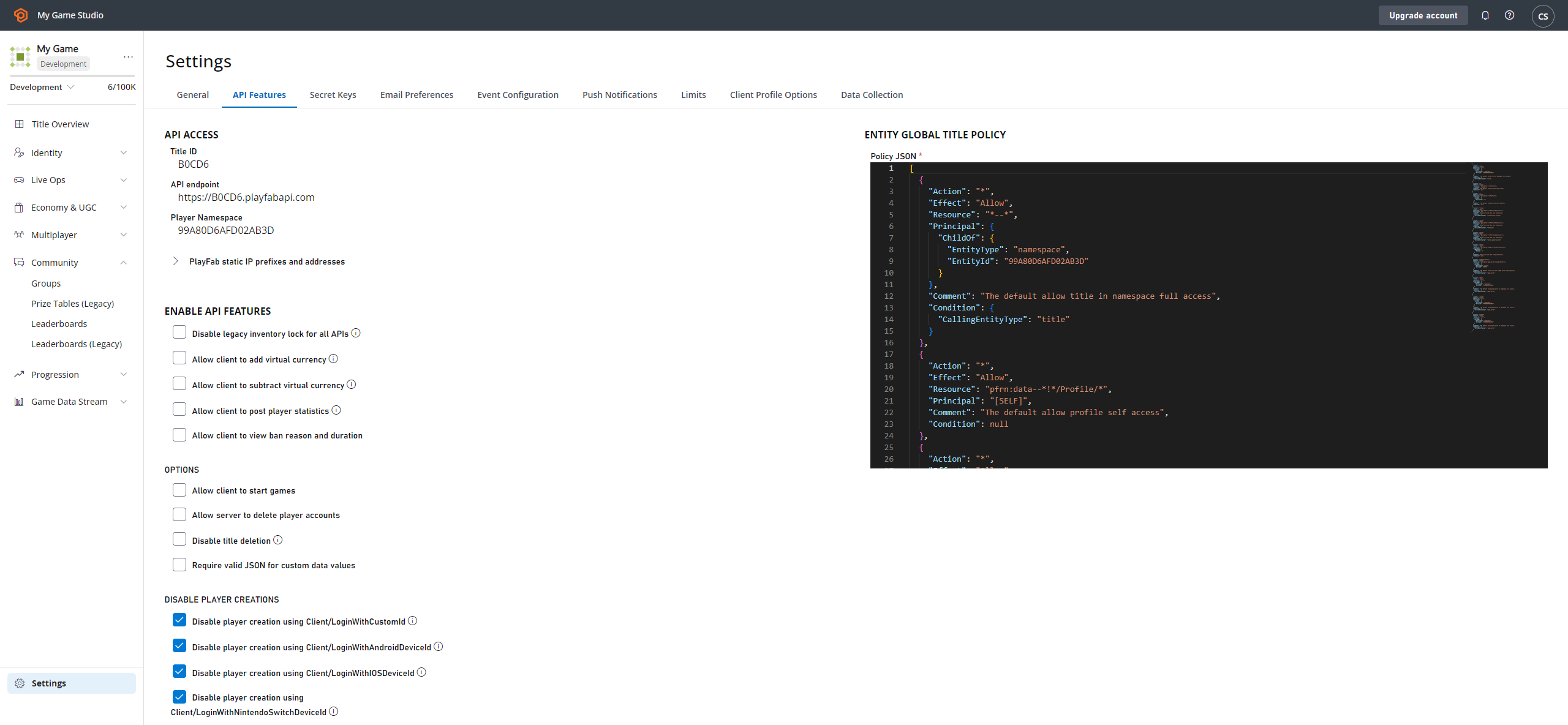 PlayFab - Settings - API Tab