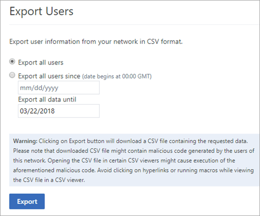 Yammer Export Users options - Export all users or Export all users since (date).