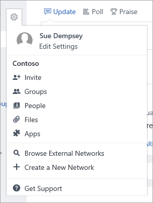 Settings menu, with permission to create external networks.
