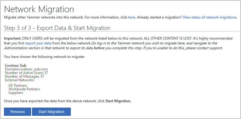 Screen shot of Step 3 of 3 - Export Data & Start Migration.