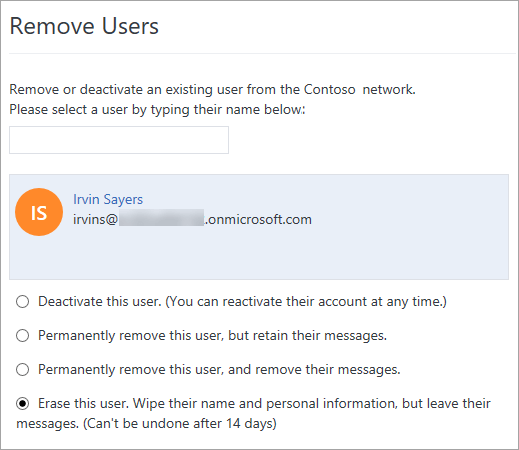 After you select a name, the remove user options are displayed.