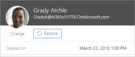 Screenshot showing the command to restore a user in Office 365 administration.