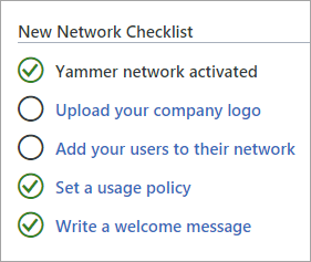 Checklist with basic tasks for setting up a Yammer network.