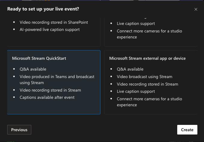 Image of Yammer live events showing the legacy Microsoft Stream options to produce events.