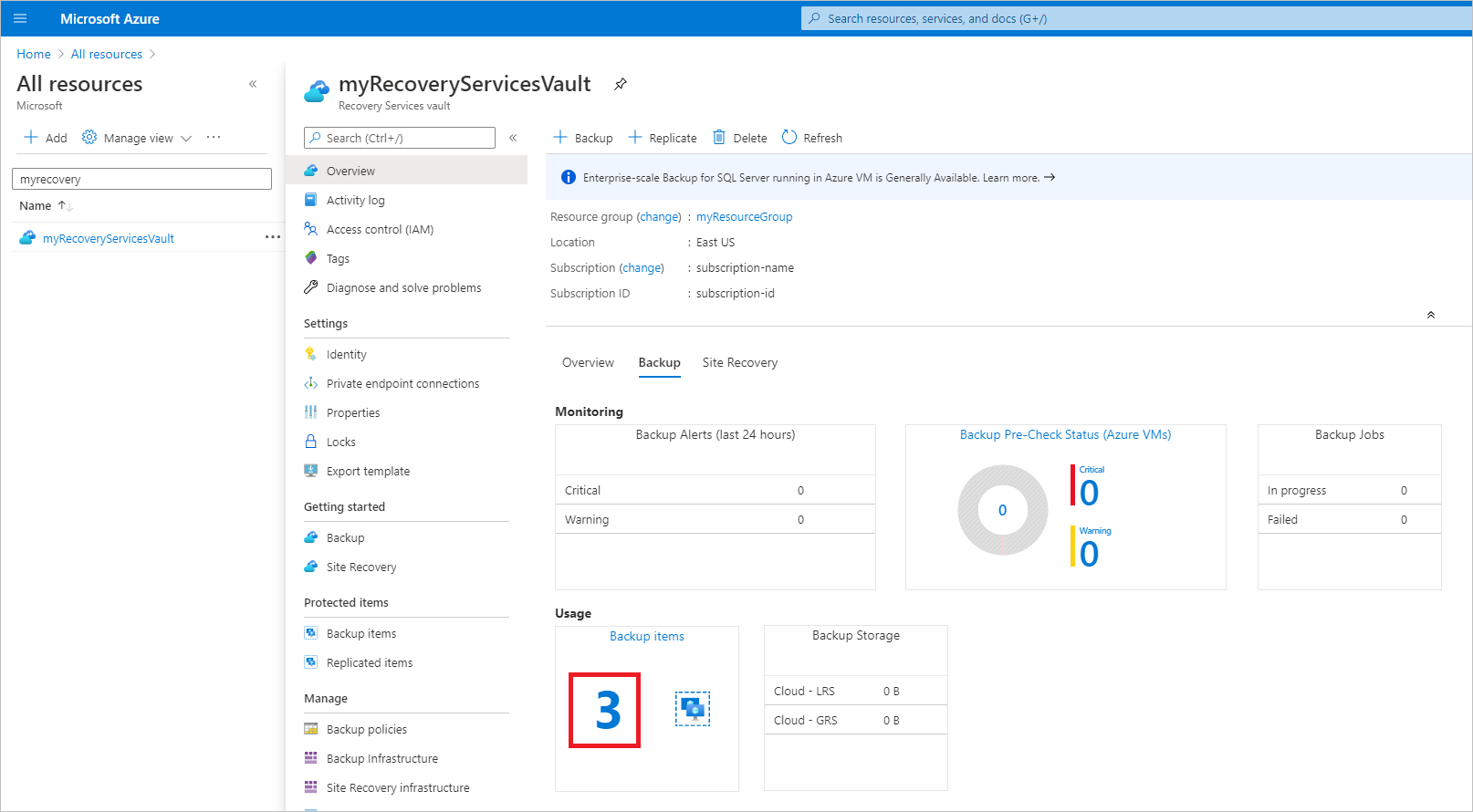 Screenshot that shows the number of backup items as a link on the dashboard.