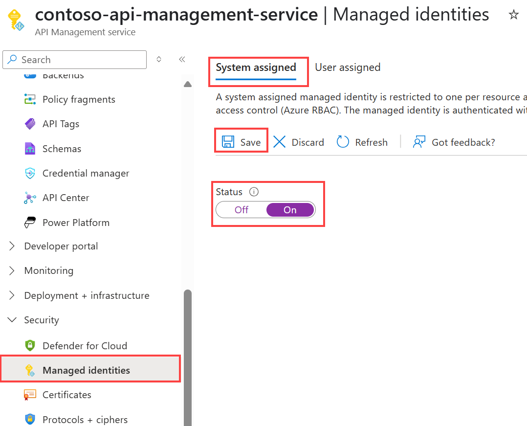 Screenshot that shows how to enable a system-assigned managed identity.