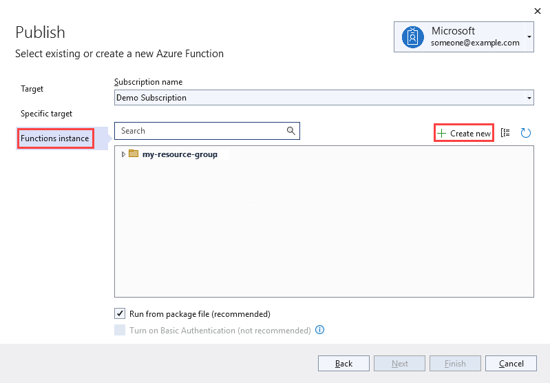 Screenshot of the Publish page. In the Functions instance section, a resource group is visible, and Create new is highlighted.