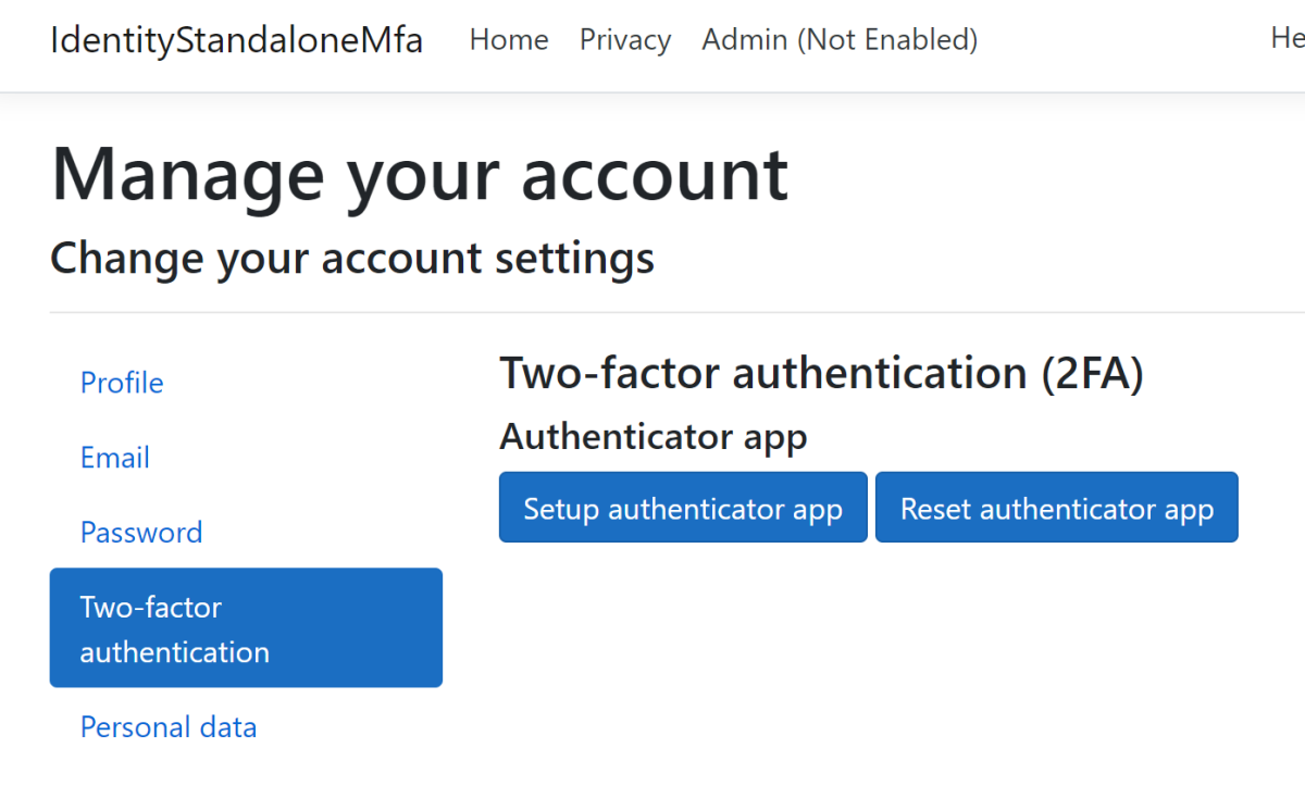 Screenshot showing the 'Manage your account' view where the user can enable MFA authentication as an administrator.
