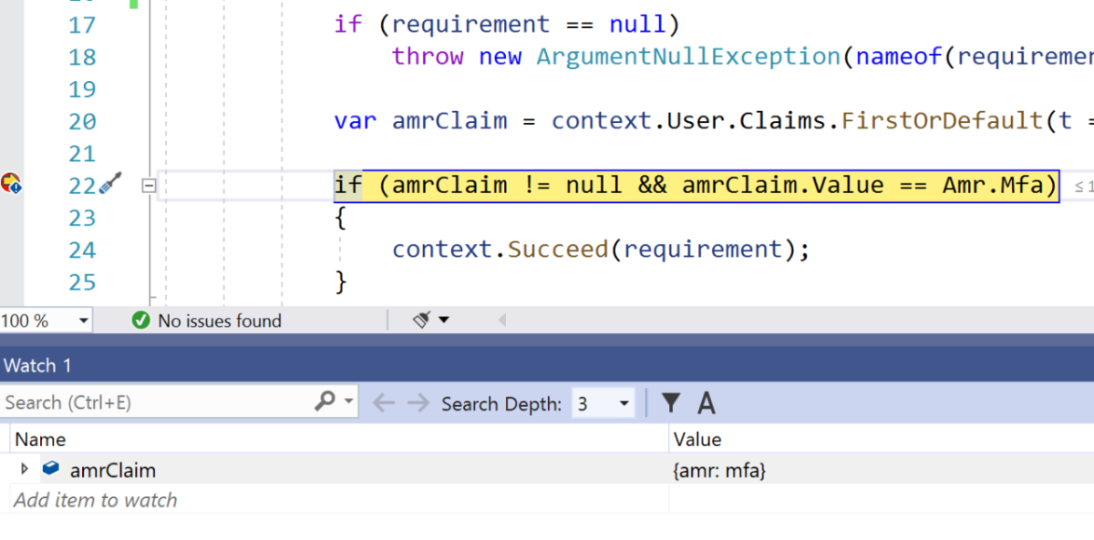 Screenshot of source code and the Watch window where the 'amr' claim has the 'mfa' value.