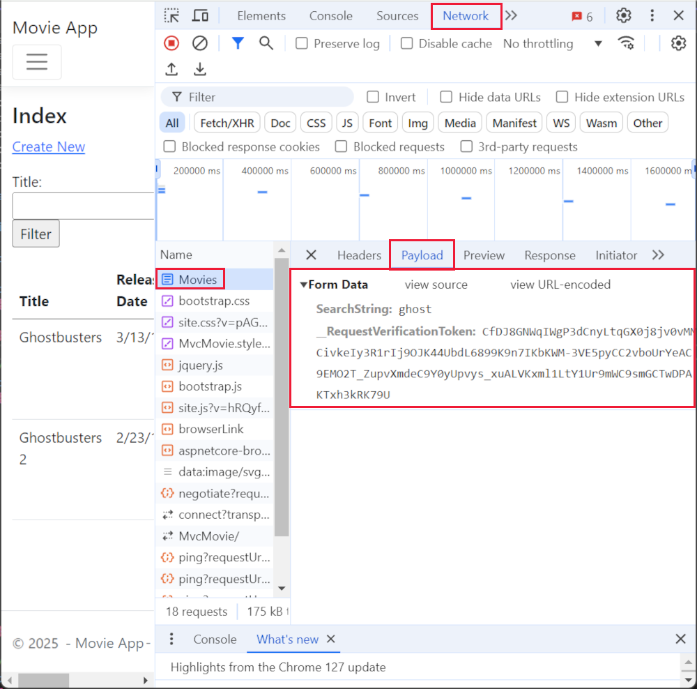 Network and Payload tabs of Chrome browser Developer Tools showing form data.