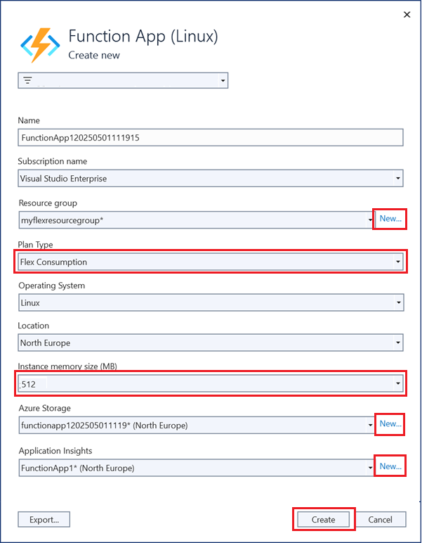 Screenshot of the Function App Create new dialog. Fields for the name, subscription, resource group, plan, and other settings are filled in.