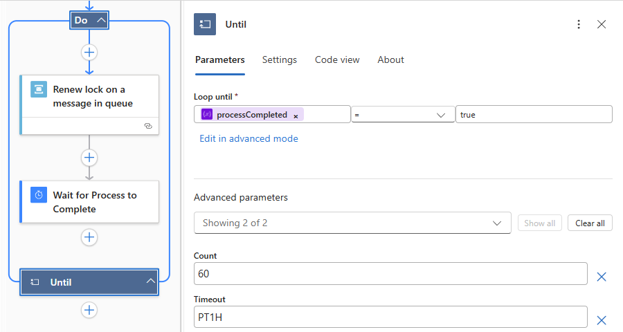 Screenshot shows the parallel branch with the Until loop.