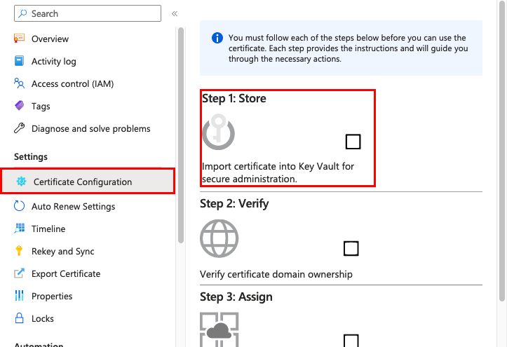 Screenshot that shows the Certificate Configuration pane with Step 1: Store selected.