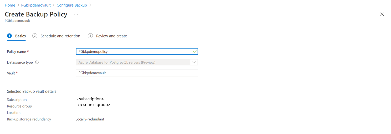 Screenshot that shows the box for a policy name on the pane for creating a backup policy.
