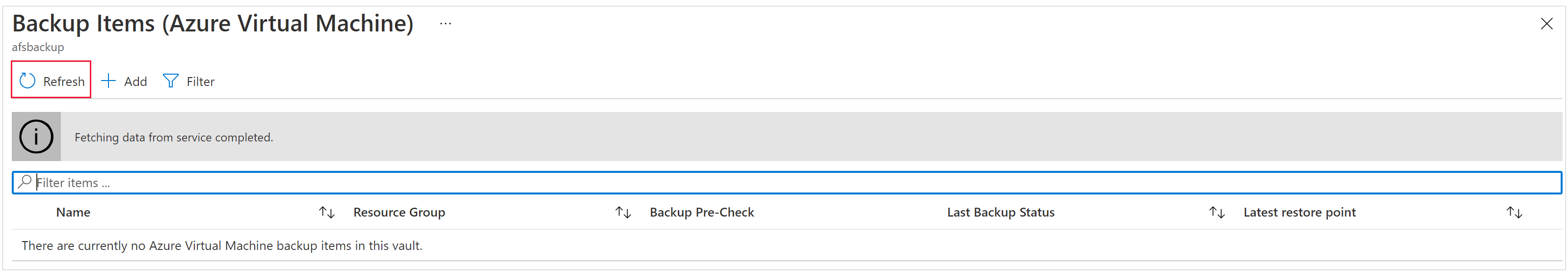 Screenshot that shows the Backup Items page.