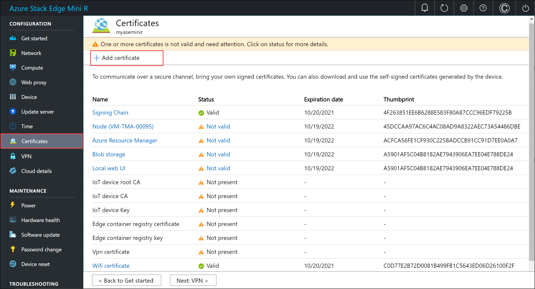Local web UI "Certificates" page 4
