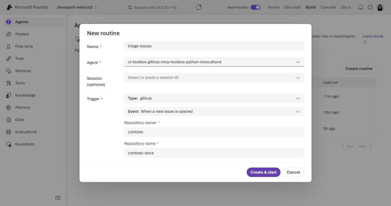 Screenshot showing the New routine dialog in the Foundry portal with a GitHub issue trigger selected, displaying fields for repository owner and repository name.