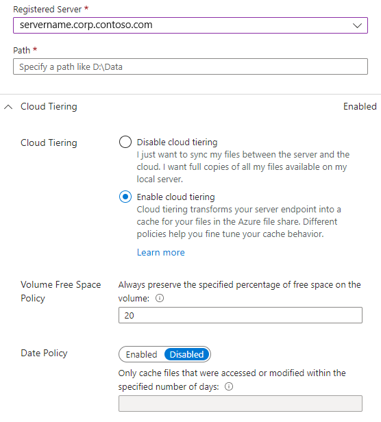 Screenshot that shows options for cloud tiering on the pane for adding a server endpoint.