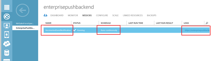 Screenshot of the Azure portal with the enterprise push backend webjobs displayed and the Name, Schedule, and Logs values outlined in red.