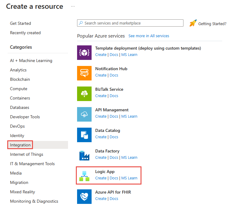 Screenshot that shows the Create a resource > Integration > Logic app menu.