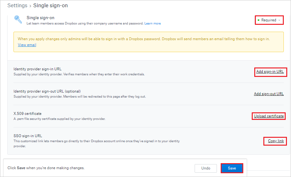 Configure single sign-on Screenshot that shows the "Single sign-on" configuration settings.