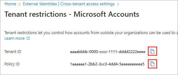 Screenshot that shows a tenant ID and policy ID.
