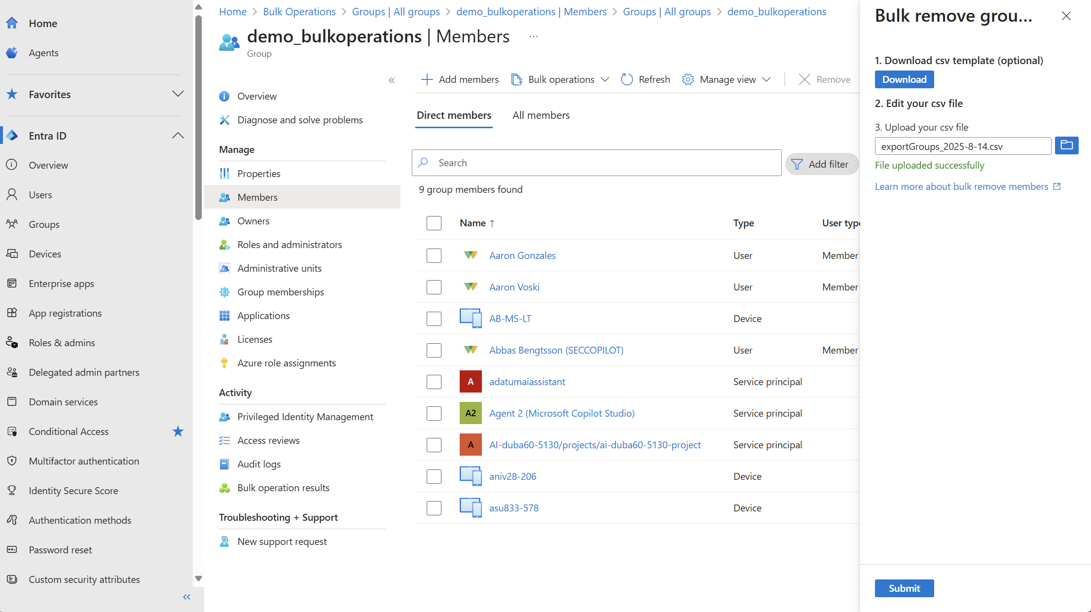 Screenshot of the sample CSV for removing members containing ObjectId values to be processed.