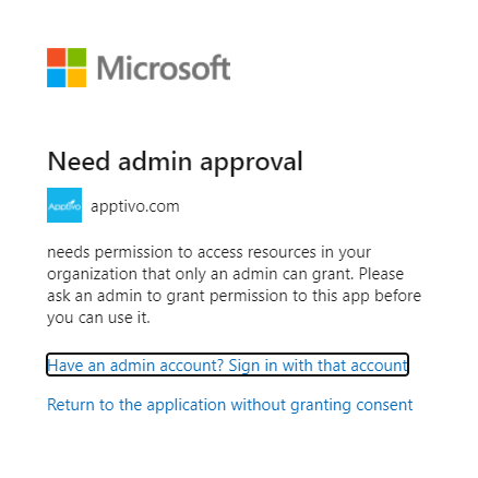 Screenshot of a consent prompt when the admin consent workflow is turned off.