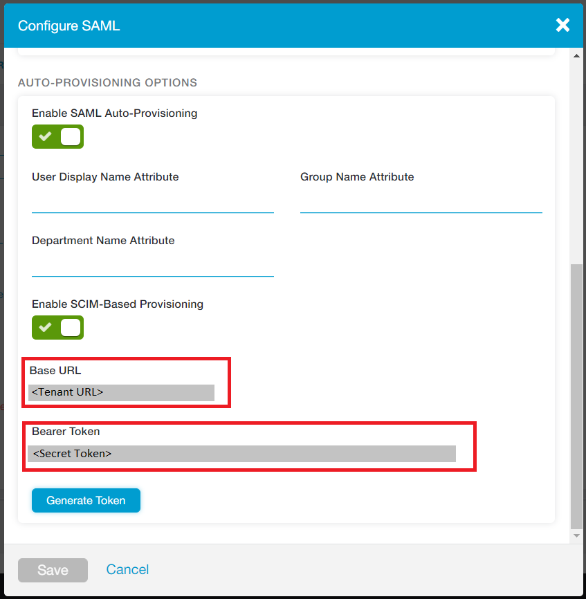 Screenshot of Configure SAML window.