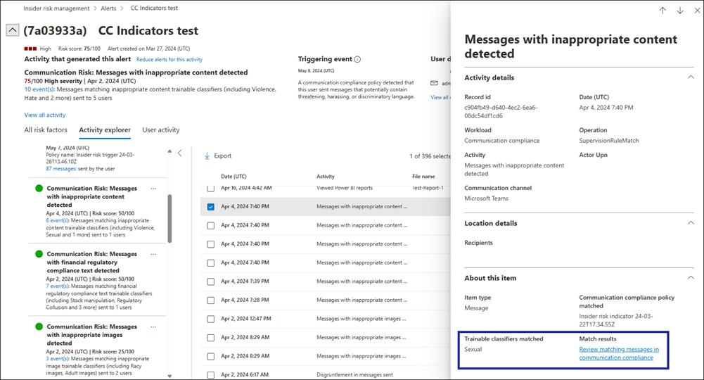 Screenshot of the Insider Risk Management case Content explorer.