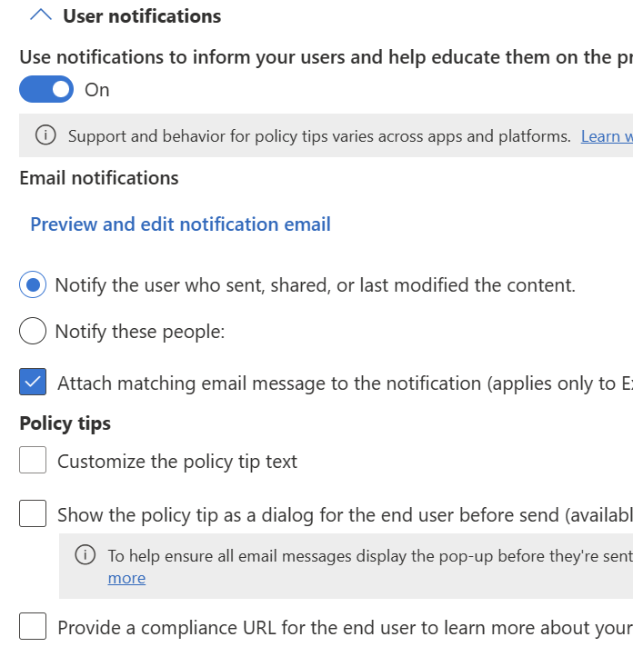 Screenshot of user notification and policy tip options for Exchange, SharePoint, OneDrive, Teams, and Defender for Cloud Apps.