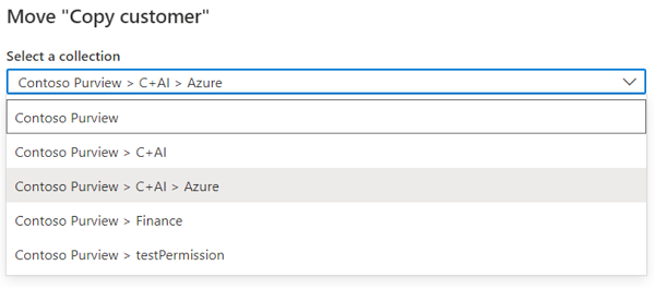 Screenshot of Microsoft Purview portal pop-up window with the select a collection dropdown menu highlighted.