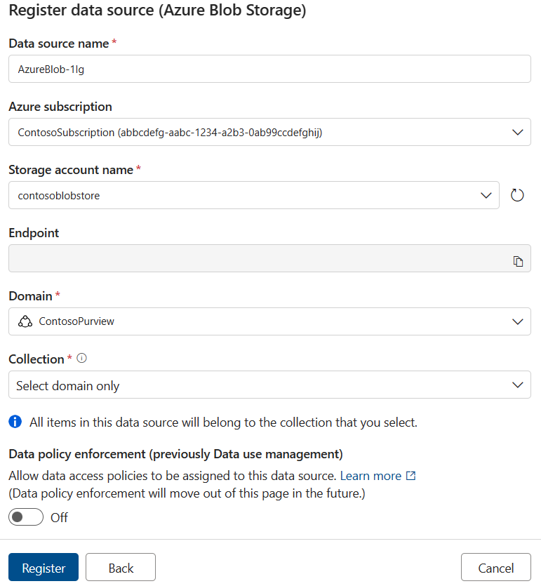 Screenshot of the Register data source page, showing a domain selected a Select domain only selected for the collection.