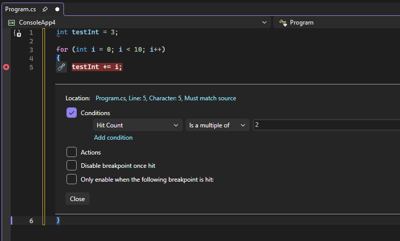 BreakpointHitCount Screenshot that shows a breakpoint with a Hit Count condition.